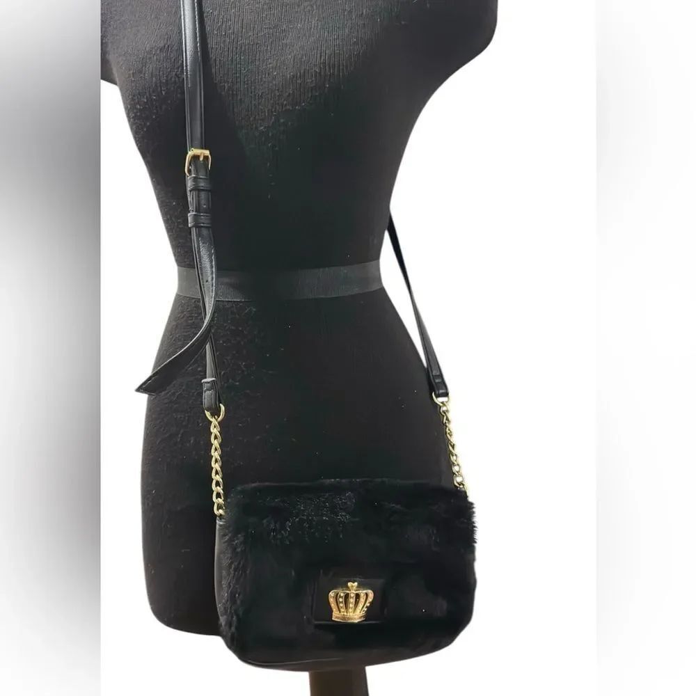 Betsey Johnson Black Faux Fur Crossbody with Gold Crown Detail